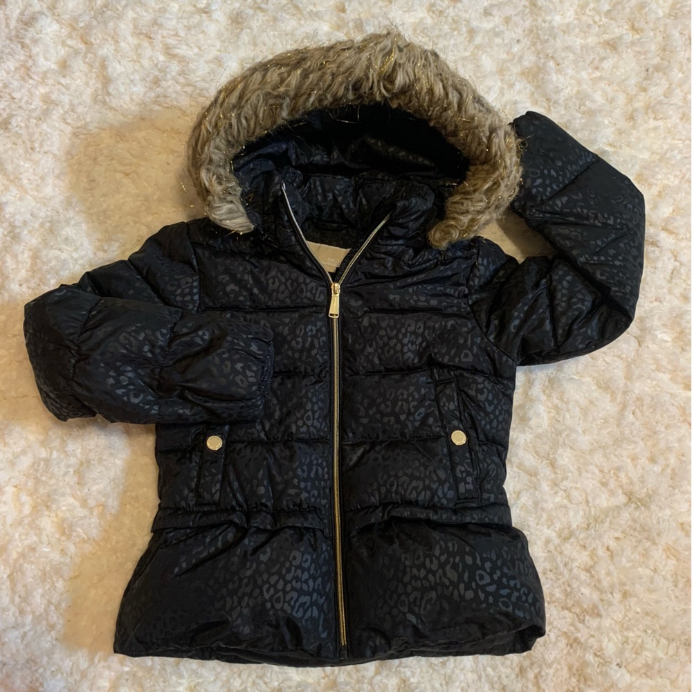 Michael Kors Puffer Parka Coat Black Gold Faux Fur Trim girls 10/12